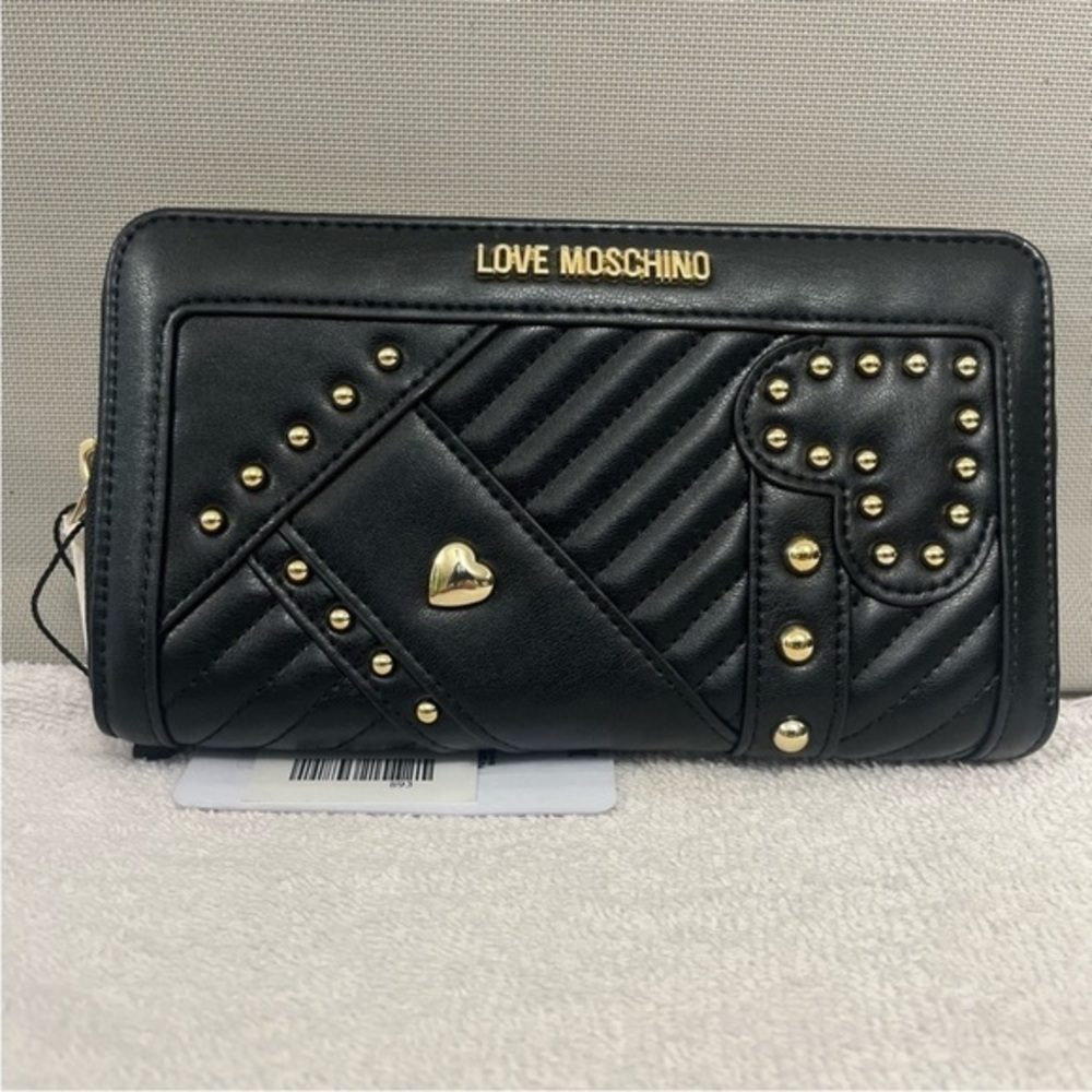 Love Moschino Black Zip Around Wallet Gold Stud Heart Designer NWT